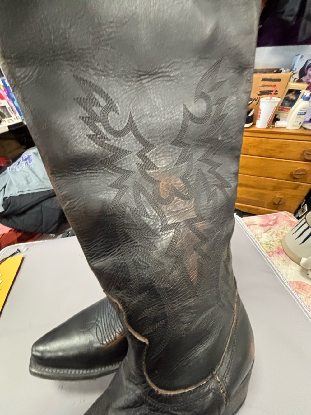 freebird WYNONNA  Black Leather Embroidered Knee-High Heeled Boots - Picture 5 of 9